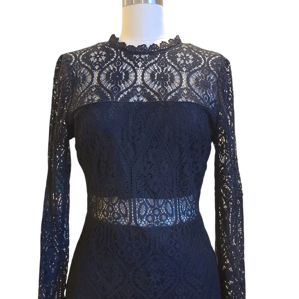 Lulus Black Floral‎ Lace Long Sleeve Cocktail Mini Dress Small LBD party witchy - Picture 2 of 5